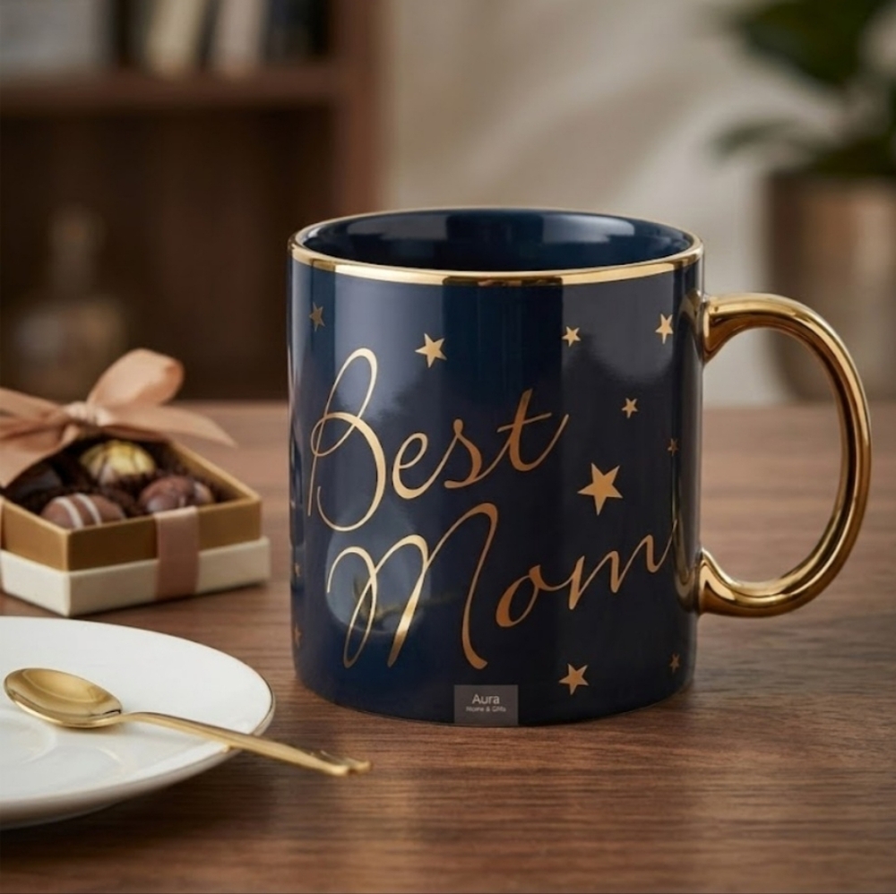 "Best Mom" ​​Ceramic Mug, Navy Blue with Gold Stars - Mother's Day Gift.